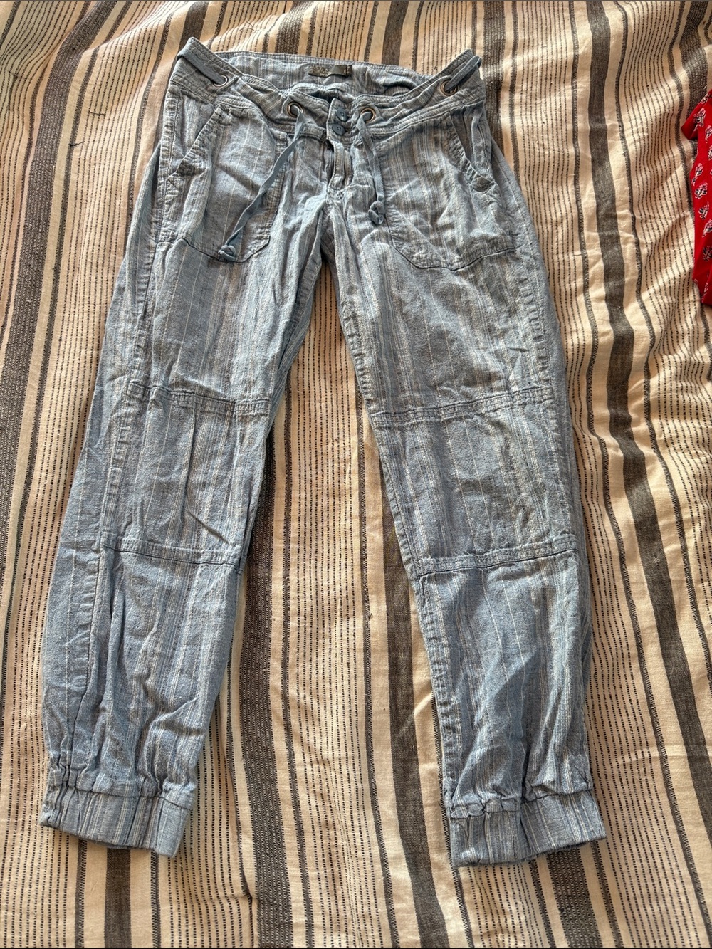 Prana Light Blue Striped Linen-Blend Pants